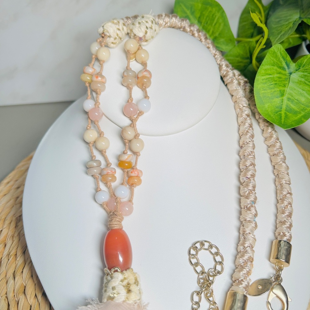 CHICO’S Coral and Cream colored double-strand corded beaded tassel necklace - Picture 4 of 13